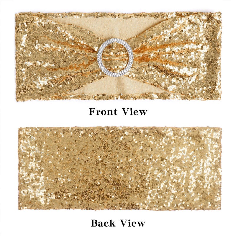 ANMINY Pack of 50 All Around Sequin Chair Sashes With Bows Stretchy Spandex Decorative Shiny Sparkly Sash Band For Banquet Chair Cover Romantic Wedding Party Ceremony Home Decoration, Light Gold - Image 3